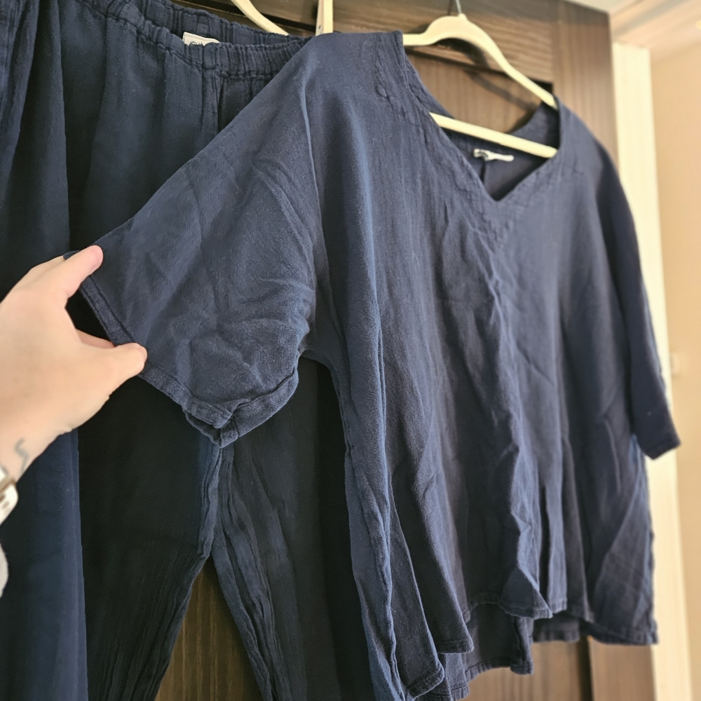 Navy Blue Women's Cotton Top And Pants Set